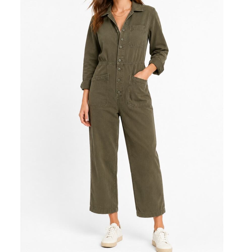 Free People Gia Coverall Army Green Utility Jumpsuit Cotton Button Front S